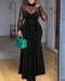 Rhinestone Decor Mock Neck Mesh Yoke Zipper Back Party Dress Cinched Waist Draped Mermaid Hem Maxi Evening Dress black