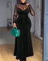 Rhinestone Decor Mock Neck Mesh Yoke Zipper Back Party Dress Cinched Waist Draped Mermaid Hem Maxi Evening Dress black