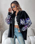 Colorblock Sequin Patchwork Long Sleeve Jacket Top Button Front Raw Hem Shacket black