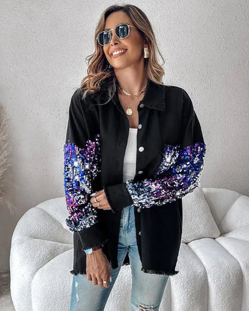 Colorblock Sequin Patchwork Long Sleeve Jacket Top Button Front Raw Hem Shacket black