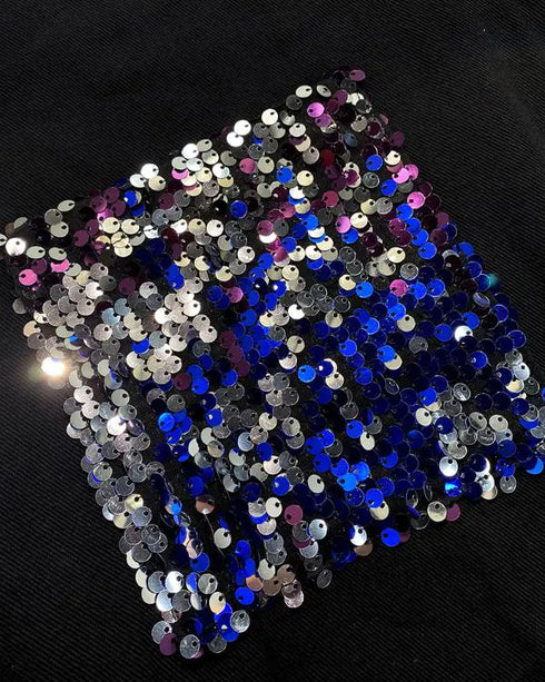 Colorblock Sequin Patchwork Long Sleeve Jacket Top Button Front Raw Hem Shacket black