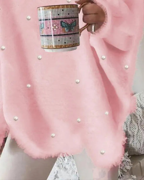 V-Neck Long Sleeve Beaded Decor Oversized Sweater Fluffy Pullover Top pink