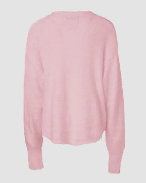 V-Neck Long Sleeve Beaded Decor Oversized Sweater Fluffy Pullover Top pink