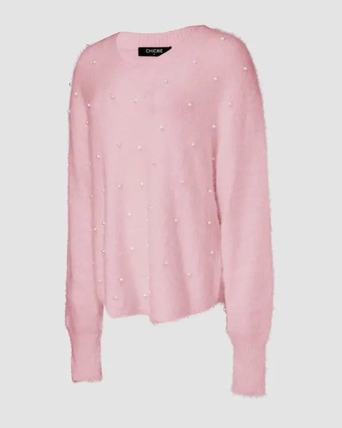 V-Neck Long Sleeve Beaded Decor Oversized Sweater Fluffy Pullover Top pink