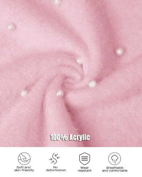 V-Neck Long Sleeve Beaded Decor Oversized Sweater Fluffy Pullover Top pink