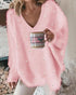 V-Neck Long Sleeve Beaded Decor Oversized Sweater Fluffy Pullover Top pink