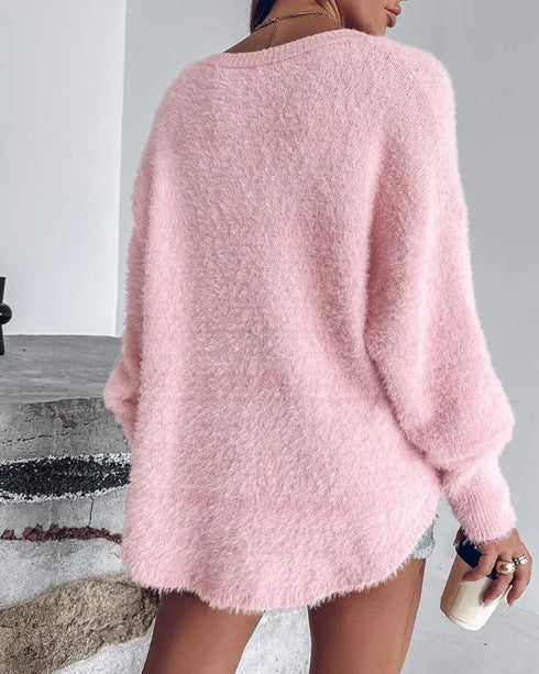 V-Neck Long Sleeve Beaded Decor Oversized Sweater Fluffy Pullover Top pink