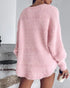V-Neck Long Sleeve Beaded Decor Oversized Sweater Fluffy Pullover Top pink