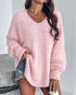 V-Neck Long Sleeve Beaded Decor Oversized Sweater Fluffy Pullover Top pink