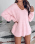 V-Neck Long Sleeve Beaded Decor Oversized Sweater Fluffy Pullover Top pink
