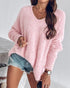 V-Neck Long Sleeve Beaded Decor Oversized Sweater Fluffy Pullover Top pink