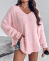 V-Neck Long Sleeve Beaded Decor Oversized Sweater Fluffy Pullover Top pink