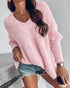 V-Neck Long Sleeve Beaded Decor Oversized Sweater Fluffy Pullover Top pink