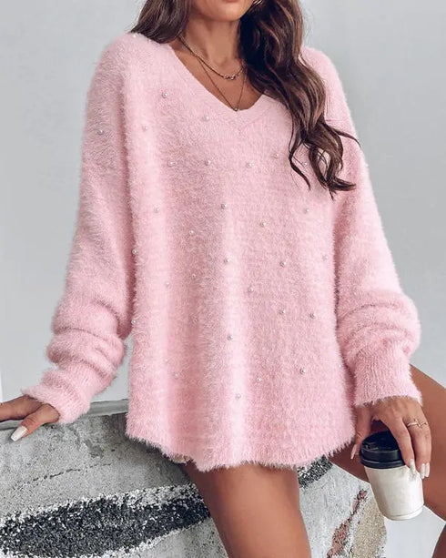 V-Neck Long Sleeve Beaded Decor Oversized Sweater Fluffy Pullover Top pink
