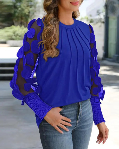 Floral Embroidery Round Neck Lantern Sleeve Blouse Sexy Sheer Mesh Patch Ruched Top blue