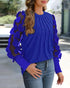 Floral Embroidery Round Neck Lantern Sleeve Blouse Sexy Sheer Mesh Patch Ruched Top blue