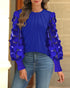 Floral Embroidery Round Neck Lantern Sleeve Blouse Sexy Sheer Mesh Patch Ruched Top blue