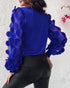 Floral Pattern Contrast Sequin Sheer Mesh Ruched Lantern Sleeve Blouse Elegant Top blue