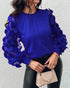 Floral Pattern Contrast Sequin Sheer Mesh Ruched Lantern Sleeve Blouse Elegant Top blue