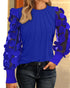 3D Polka Dot Appliques Mesh Long Sleeve Blouse Casual Shirred Cuffs Seam Front Top blue