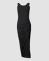 Floral Print U-Neck Thick Strap Drawstring Slit Vacation Dress Casual Ruched Slim Fit Tank Dress black