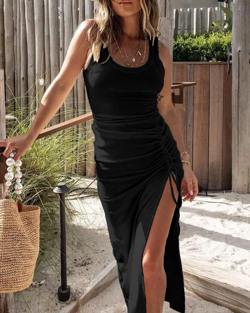 Side Slit Drawstring Ruched Bodycon Casual Sun Maxi Dresses Sleeveless Ribbed Tank Dress black