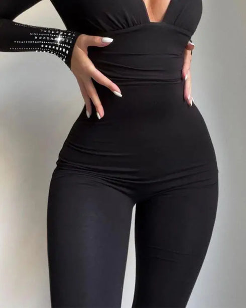 Deep V-Neck Hollow-out Zipper Back Skinny Jumpsuit black