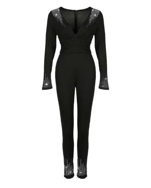 Glitter Cold Shoulder Contrast Lace Corset Jumpsuit black