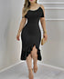 Off Shoulder Sleeveless Casual Cinch Ruffles Slit Buckle Dec Mid-Calf Dress black