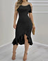 Cold Shoulder Beaded Slit Bodycon Dress Ruffle Hem Zipper Back Party Dress black