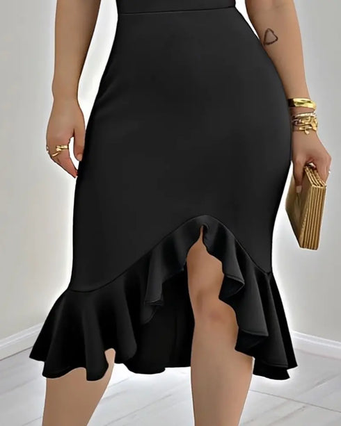 Glitter Off Shoulder Ruffles Slit Dress black