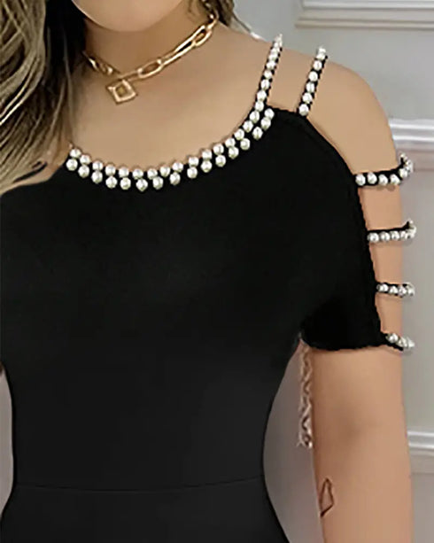 Cold Shoulder Beaded Slit Bodycon Dress Ruffle Hem Zipper Back Party Dress black