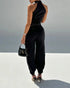 2 Pieces Outfits Sleeveless High Neck Cargo Pockets Design Top and Casual Cuffed Long Pants Set black