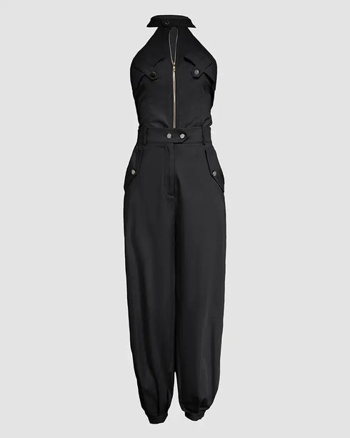 2 Pieces Outfits Sleeveless High Neck Cargo Pockets Design Top and Casual Cuffed Long Pants Set black