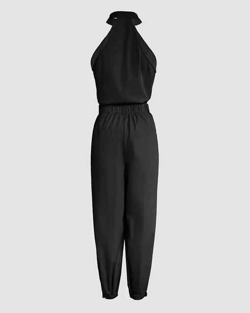 2 Pieces Outfits Sleeveless High Neck Cargo Pockets Design Top and Casual Cuffed Long Pants Set black