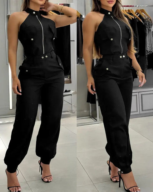 2 Pieces Outfits Sleeveless High Neck Cargo Pockets Design Top and Casual Cuffed Long Pants Set black
