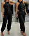 2 Pieces Outfits Sleeveless High Neck Cargo Pockets Design Top and Casual Cuffed Long Pants Set black