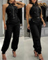 2 Pieces Outfits Sleeveless High Neck Cargo Pockets Design Top and Casual Cuffed Long Pants Set black