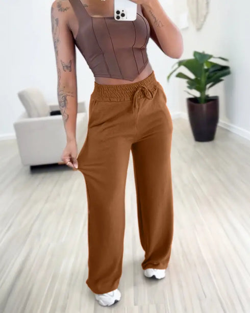High Waist Drawstring Elastic Waist Wide Leg Casual Pants khaki