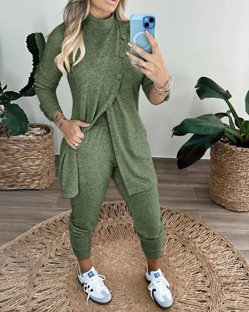 2 Piece Sequin Heart Pattern Mock Neck Long Sleeve Slit Top Leopard Print High Waist Cuffed Pants Lounge Sets Army green