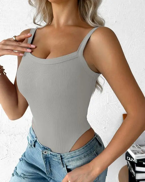 U-Neck Sleeveless Tank Top Bodysuits Slim Fit Ribbed Bodysuits gray