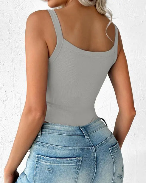 U-Neck Sleeveless Tank Top Bodysuits Slim Fit Ribbed Bodysuits gray