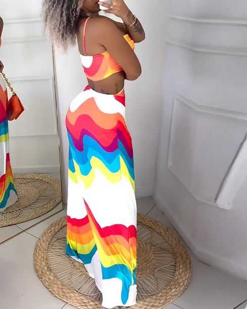 Rainbow Stripe Print Hollow Out Maxi Dress Multicolor