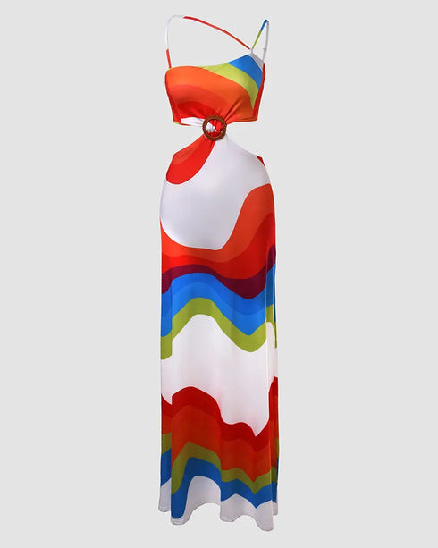Rainbow Stripe Print Hollow Out Maxi Dress Multicolor