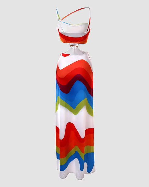 Rainbow Stripe Print Hollow Out Maxi Dress Multicolor