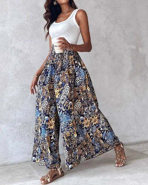 Boho Floral Print Shirred High Waist Wide Leg Pants blue
