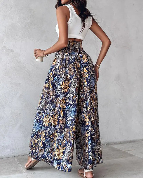 Boho Floral Print Shirred High Waist Wide Leg Pants blue