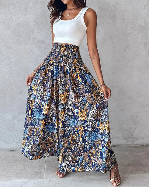 Boho Floral Print Shirred High Waist Wide Leg Pants blue