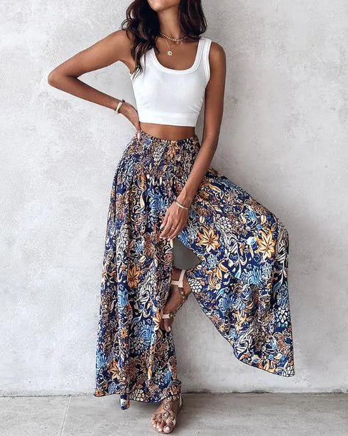 Boho Floral Print Shirred High Waist Wide Leg Pants blue