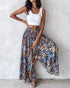 Boho Floral Print Shirred High Waist Wide Leg Pants blue